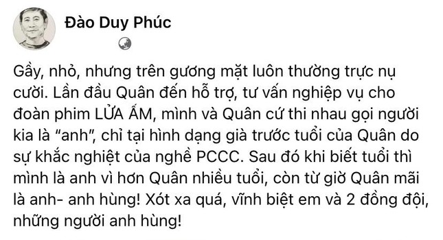 Đoàn phim VTV kể lại kỷ niệm về các chiến sĩ PCCC vừa hy sinh, ở Lửa Ấm cũng có sự ra đi đau lòng - Ảnh 2.