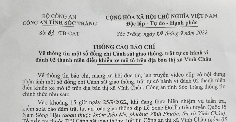 Thông cáo báo chí cũng được Công an tỉnh Sóc Trăng phát đi vào chiều ngày 29.9 khẳng định xử lý nghiêm, không bao che. Ảnh: Nhật Hồ