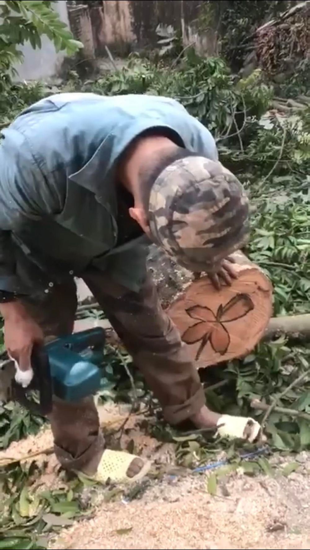  
Người đàn ông ngạc nhiên trước phần vân gỗ của thân cây vừa xẻ ra. (Ảnh: Chụp màn hình TikTok @hatcatnho95)